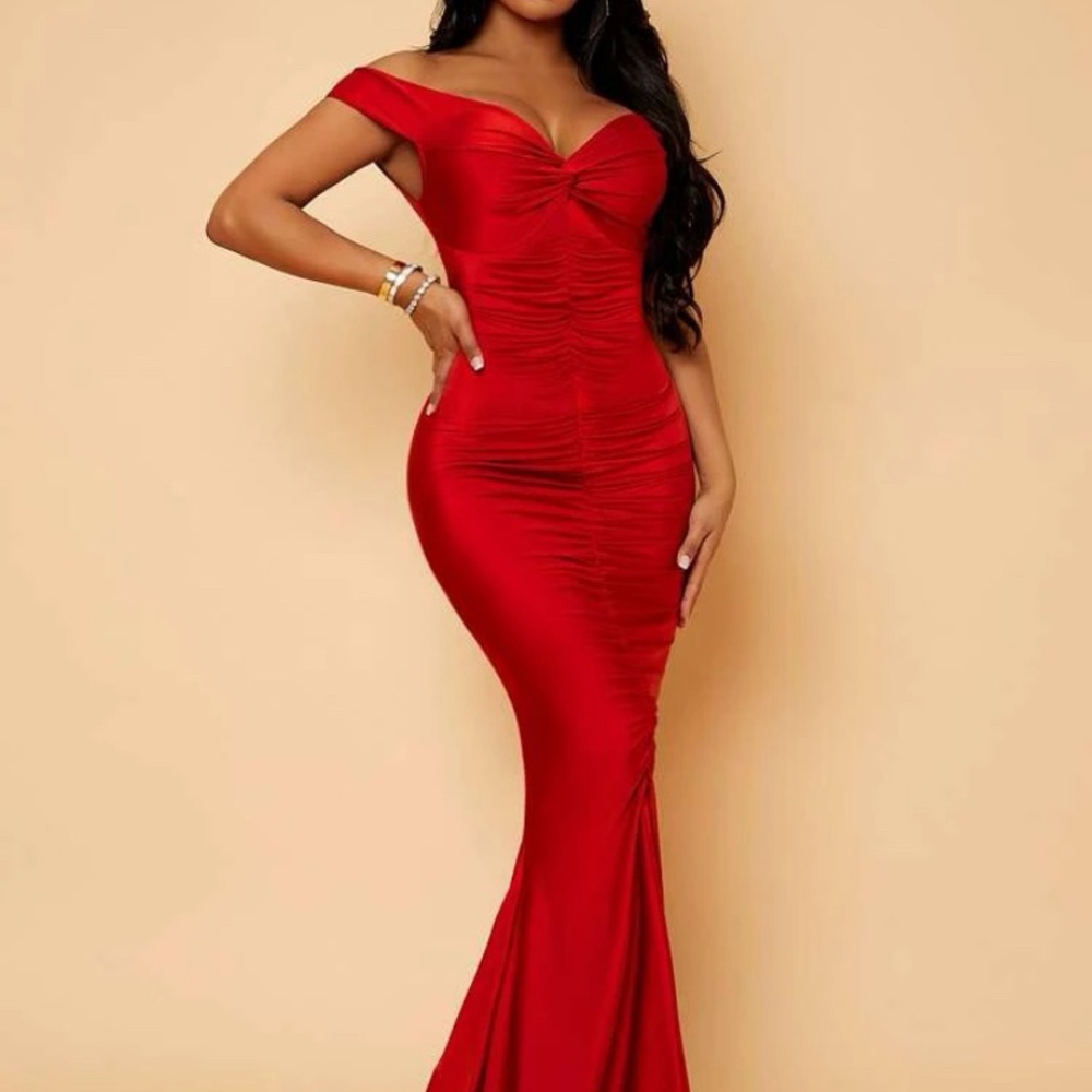 Elegant Red Off-Shoulder Evening Gown
